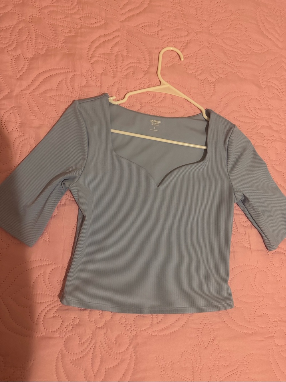 Express Light Blue Ribbed Square Neck Short Sleeve Top body contour
